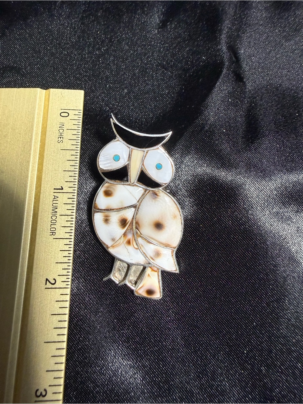 Zuni Vintage Sterling Silver OWL with Shell Inlay Lapel Pin 2” x 1”